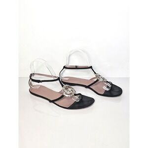 Gucci Black Suede Crystal Interlocking G T-Strap Flat Sandals Glam Size 37.5